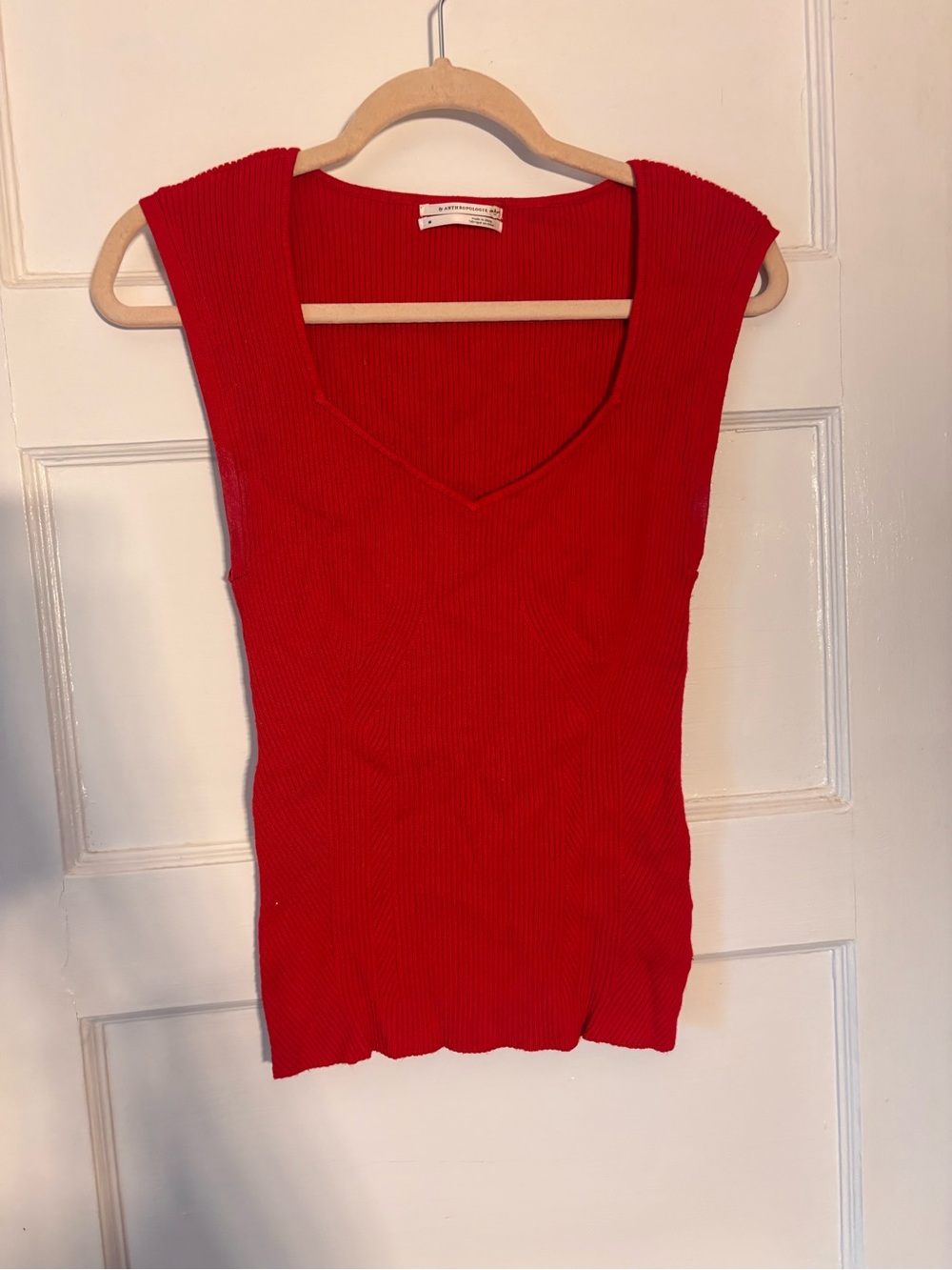 Red Ribbed V-Neck Sleeveless Top - Women Anthopologie Knit